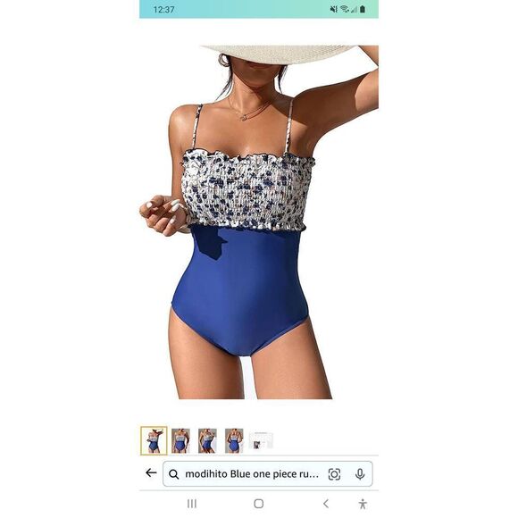 New Large Modihito Blue Bandeau Ruffled 1pc Smocked Swimsuit Bathing Suit NWT - Picture 1 of 5